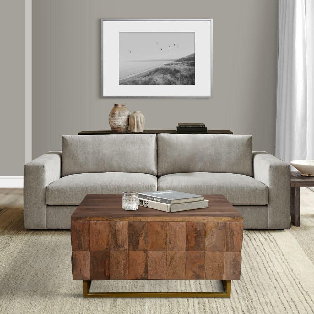 Farmhouse Chic 33" Mango Wood & Brass Lift-Top Storage Trunk Coffee Table