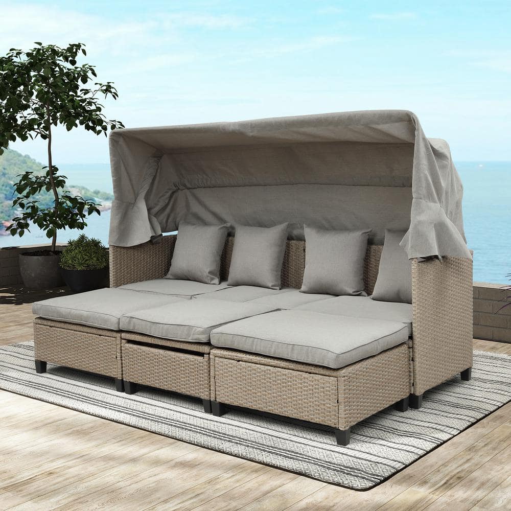 4-Piece UV-Proof Wicker Outdoor Day Bed Patio Sofa Set with Retractable Can