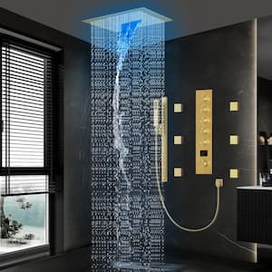 Thermostatic 15-Spray 16 in. Ceiling Mount Square LED Mood Lighting Shower System with Valve in Brushed Gold