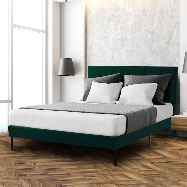JEAREY Alex Green Queen Upholstered Platform Bed Frame with Headboard