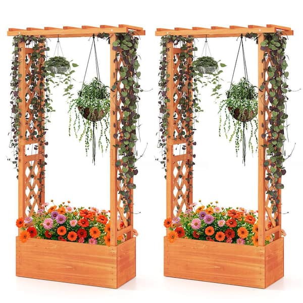 Orange Fir Wood Raised Garden Bed with Trellis Wood Elevated Garden Bed with Hanging Roof Planter Box Small (2-Pack)