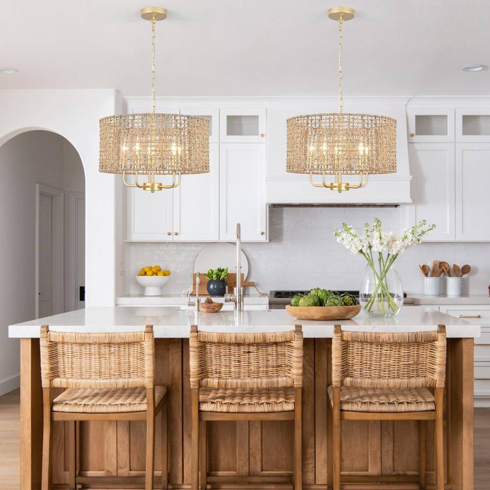 Gold and Rattan Drum Chandelier with Woven Shade