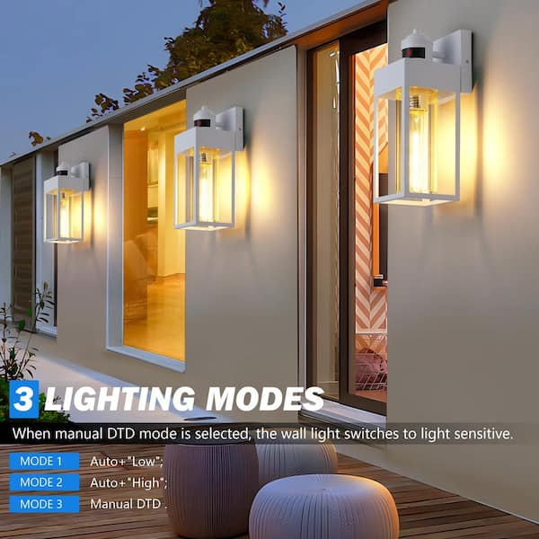 13.2 in. White Motion Sensing Modern Porch Lights Outdoor Hardwired Wall Lantern Sconce with No Bulbs Included (2-Pack)