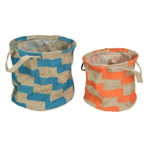 Orange and Teal Burlap Baskets with Handles 12 in. (Set of 2)