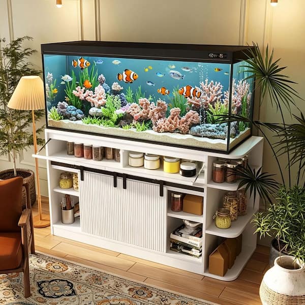 White 55-75 gal. Wood Stand with LED Light and Power Outlets, Fish Tank Stand with 2 Cabinet and Shelves (55.1 in. W)