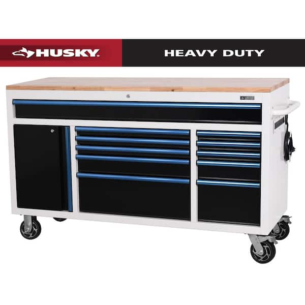 Husky Limited Edition 61 in. W x 23 in. D 11-Drawer White Mobile Workbench Cabinet with Solid Wood Top