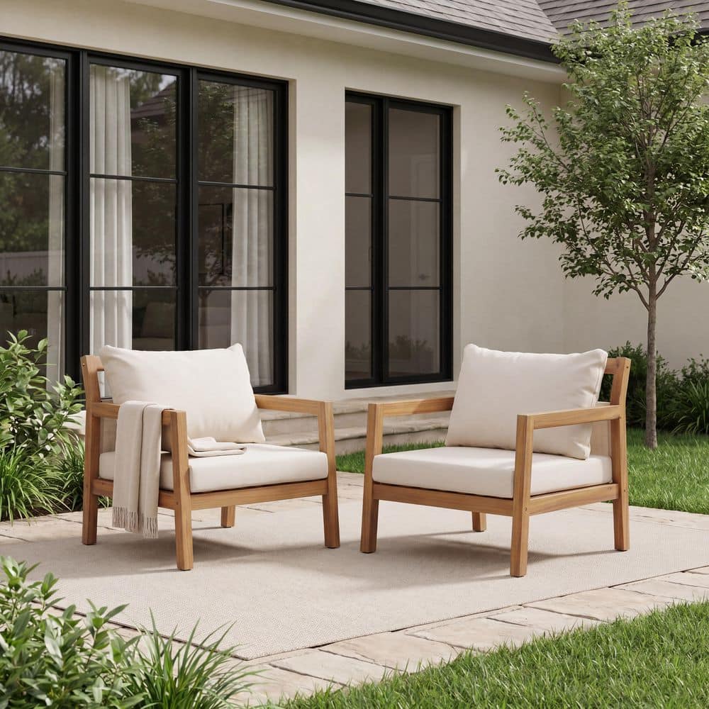 Isla Light Teak Finish Solid Wood Patio Outdoor Lounge Chairs with Beige Cushions and Fabric Backrest, Set of 2 price history on PriceWatchPro