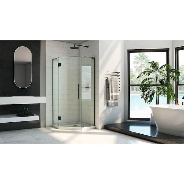 Prism Plus 38 in. x 38 in. x 74.75 in. Semi-Frameless Neo-Angle Hinged Shower Enclosure in Matte Black with Shower Base