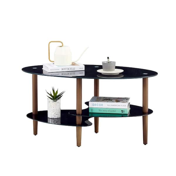 35.43 in. Modern Black Oval Tempered Glass Coffee Table with 3-Tier Design & Brown Oak Wood Legs for Living Room