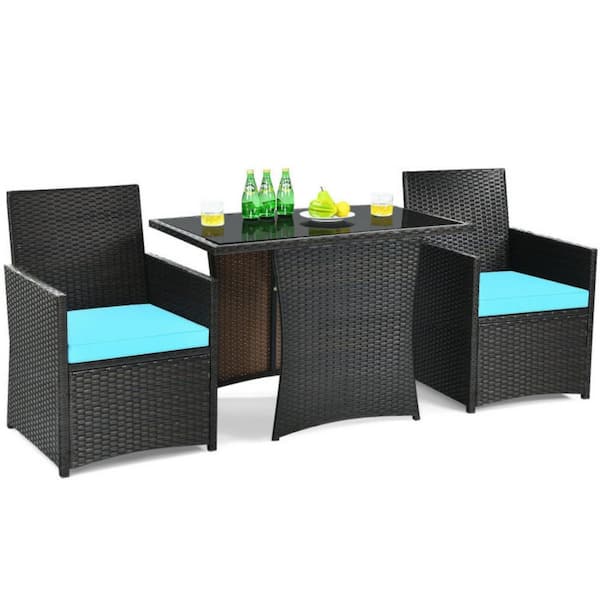Clihome 3-Piece Wicker Outdoor Patio Conversation Set Patio Rattan Furniture Set with Turquoise Cushion and Sofa Armres