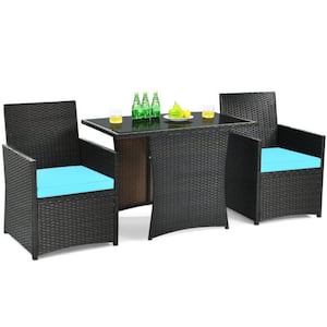 3-Piece Wicker Outdoor Patio Conversation Set Patio Rattan Furniture Set with Turquoise Cushion and Sofa Armres