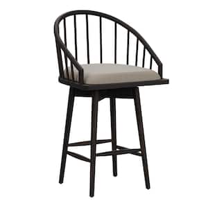 Braddock 38.75 in. Black High Back Wood Counter Stool with Light Taupe Fabric Seat