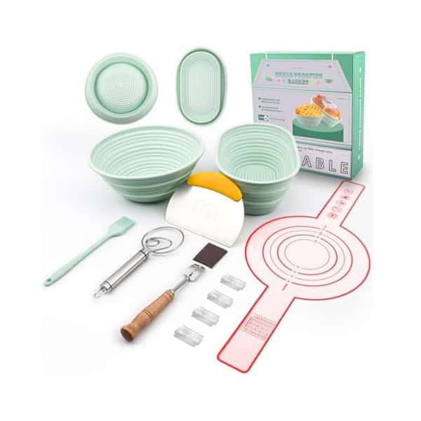 Silicone Banneton Bread Proofing Basket Set with Round and Oval Bowls, Dough Hook, Scraper, Lame Blade, Light Green