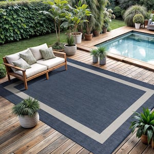 Blue/White 8 ft. x 10 ft. Bordered Indoor/Outdoor Area Rug