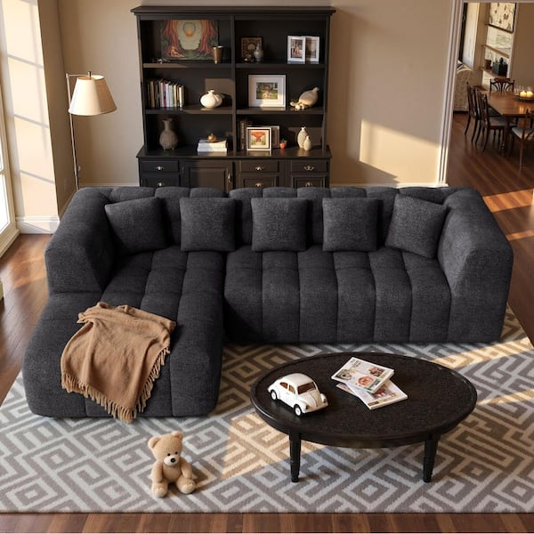 107 in. Modern Chenille Boneless Couch Cloud Modular Sectional Sofa with L-Shaped Chaise and Three Pillows in Black