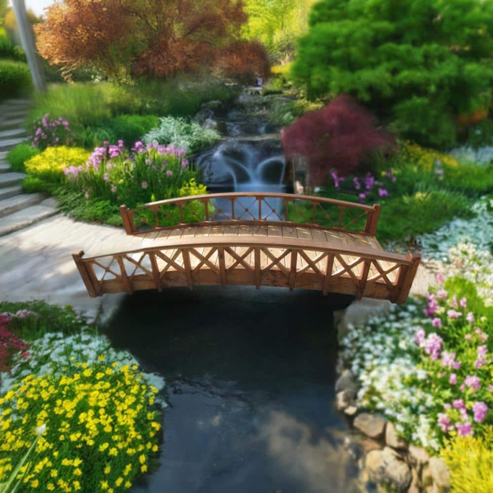 Gracefully Arched Wooden Garden Bridge with Lattice Railing