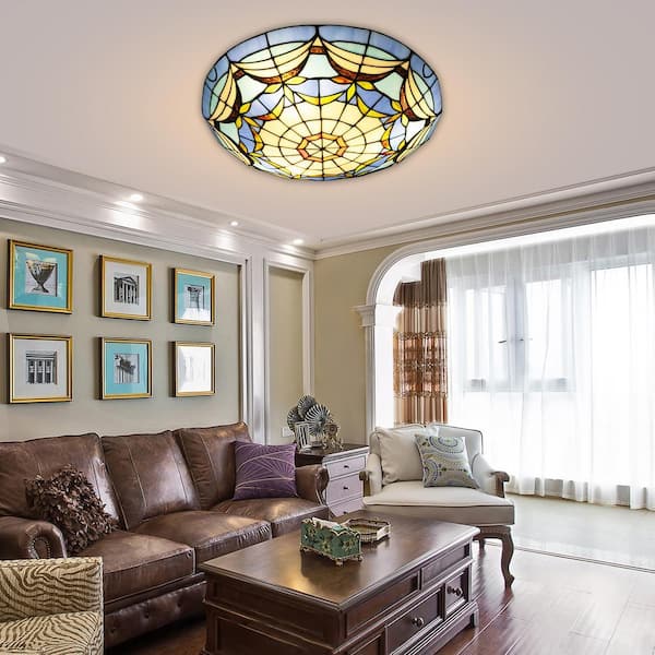 OUKANING 15.74 in. 3-Light Blue Retro Flush Mount Ceiling Light
