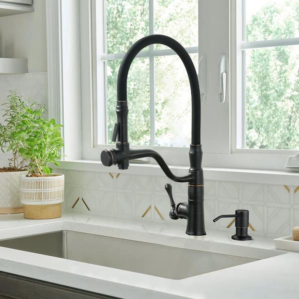 Brass Single Handle High-Arc Pull-Down Sprayer Kitchen Faucet with Soap Dispenser in Oil Rubbed Bronze
