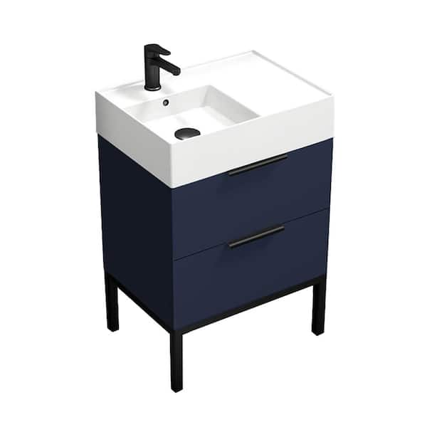 Derin 23.6 in. W x 17.32 in. D x 34.65 in H Freestanding Bath Vanity in Navy Blue with White Ceramic Top