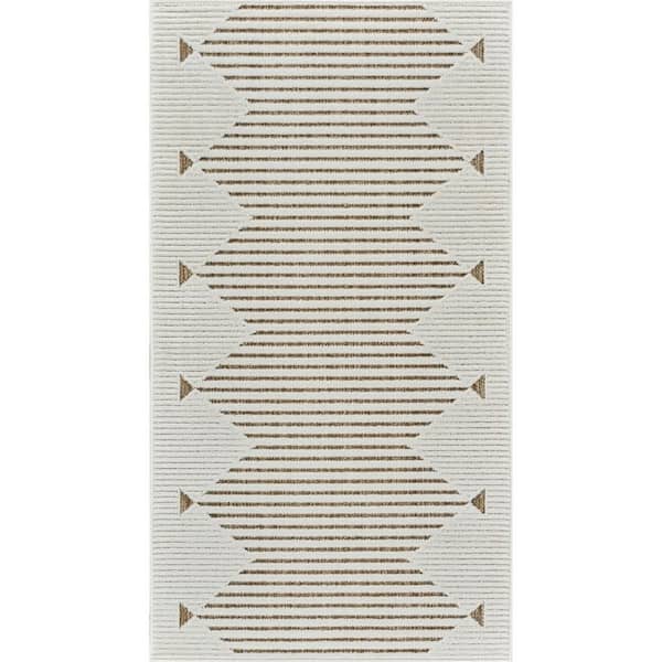 Beige, Brown 3 ft. x 5 ft. Woven Geometric Polypropylene Rectangle Indoor/Outdoor Area Rug