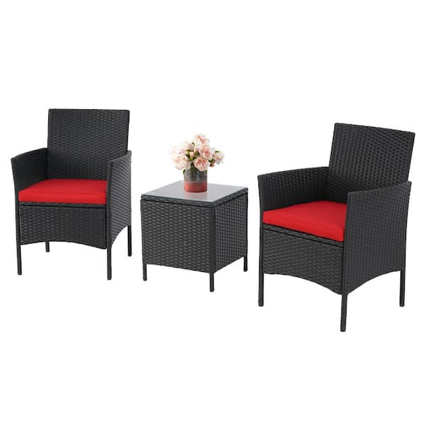 Suncrown Black 3-Piece Wicker Outdoor Bistro Set with Red Cushion