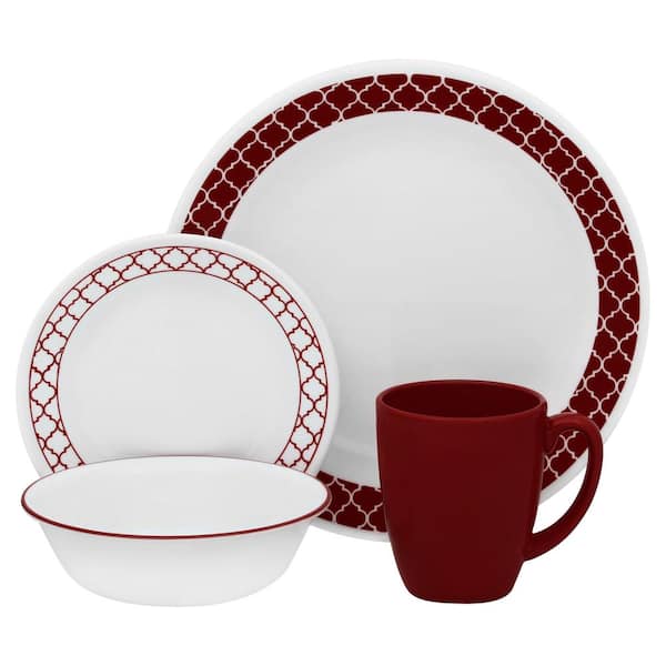 Corelle 16-Piece Patterned Crimson Trellis Glass Dinnerware Set (Service for 4)