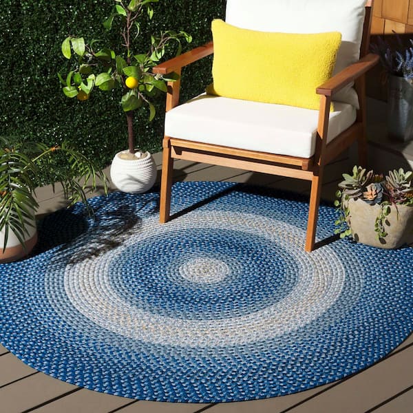 Braided Navy/Gray 5 ft. x 5 ft. Machine Washable Border Solid Color Interlace Round Area Rug