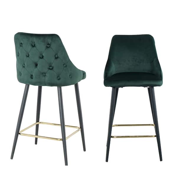 Wateday 40.50 in. Green Low Back Metal Frame Stool Height 28 in. Bar Stool with Velvet Seat (Set of 2)
