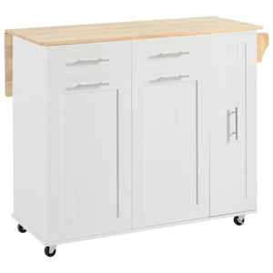 White Rubber Wood 46 in. Rolling Kitchen Island with Drop Leaf with 2-Drawers, 3-Tier Pull Out Baskets and Towel Rack