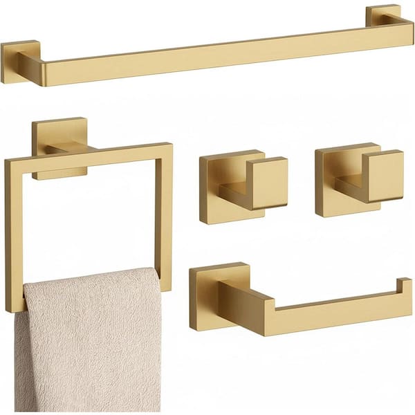 5-Piece Bath Hardware Set Bathroom Accessories Set with Toilet Paper Holder, Hooks, Towel Rack in Brushed Gold