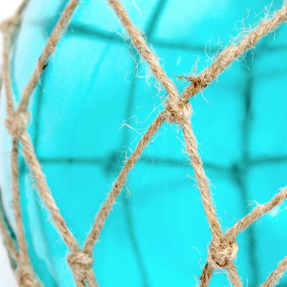 Aqua Glass Table Lamp with White Fabric Shade and Rope Netting