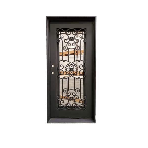 ERIS 38 in. x 81 in. 1-Panel Right-Hand/Inswing Operable Straight Frosted Glass Dark Bronze Finished Iron Prehung Front Door