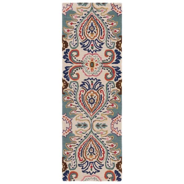 Bella 2 ft. x 13 ft. Ivory/Teal Floral Runner Rug
