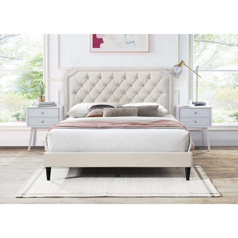 Dwell Home Inc Ava Beige Velvet Upholstered Frame, Full Platform Bed with ClippedEdges, Button