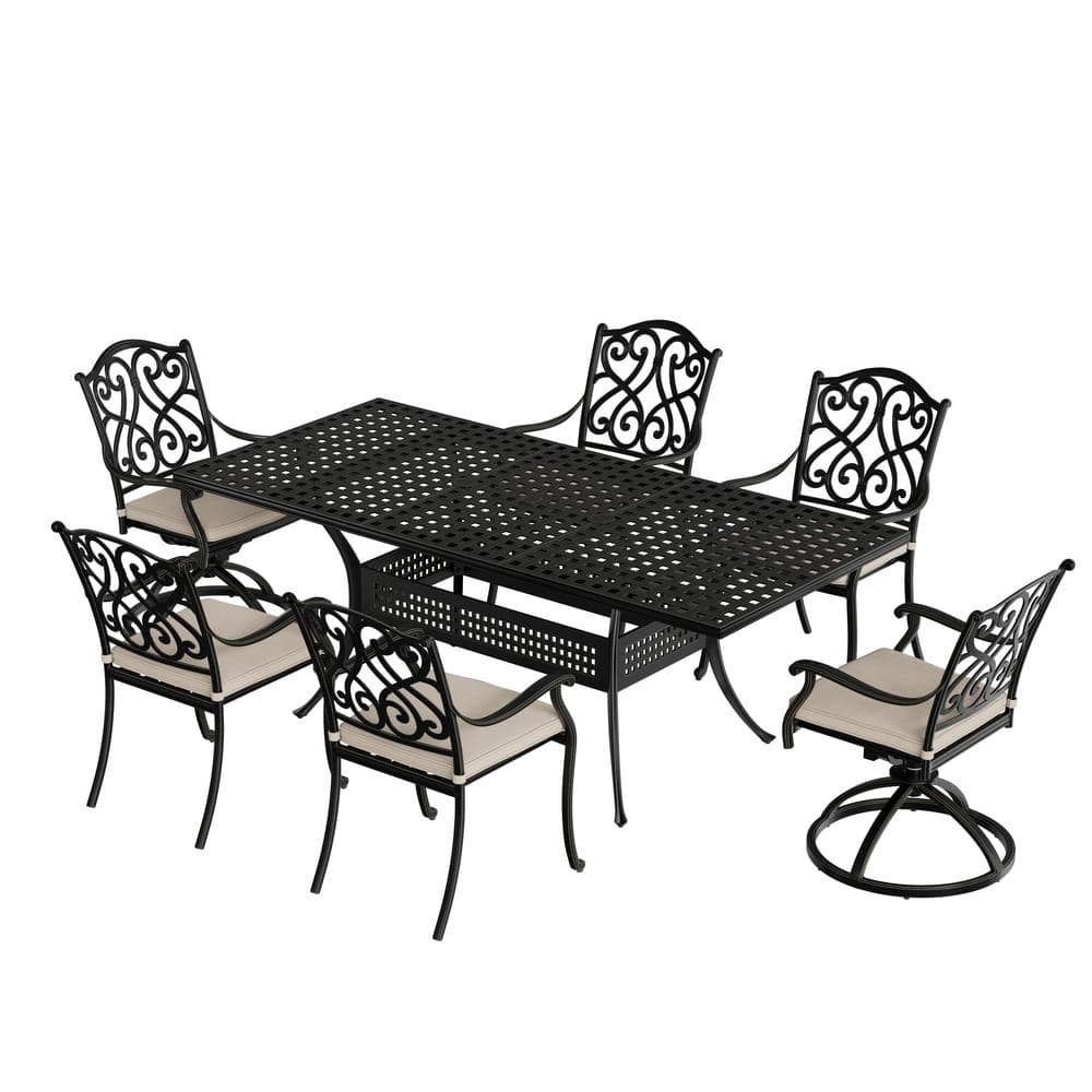 Mondawe 7-Piece Black Cast Aluminum Outdoor Dining Set with Rectangle ...