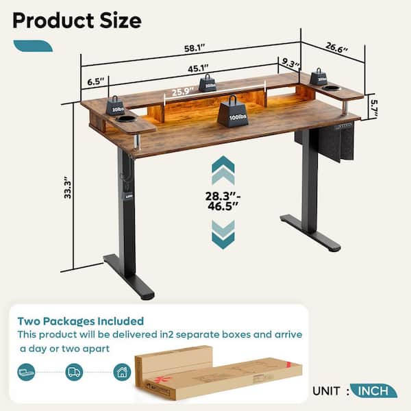 58 in. Rectangular Rustic Brown Wood Sit to Stand Desk with Monitor Stand and Cup Holder