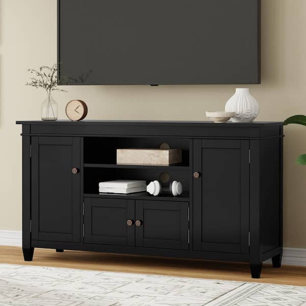 Carlton SOLID WOOD 54 in. Wide Transitional Contemporary TV Media Stand in Black for TVs up to 60 in.