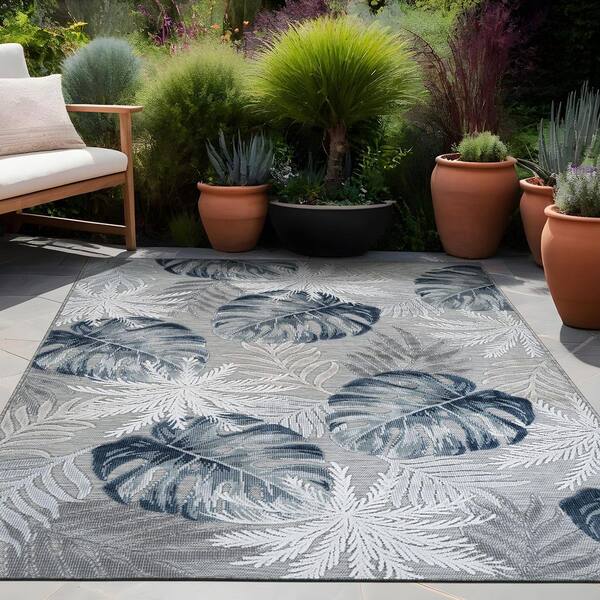 Jungle Blue 5 ft. x 7 ft. Washable Tropical Floral Indoor Outdoor Jungle Blue 5 ft. x 7 ft. Washable Tropical Floral Indoor Outdoor