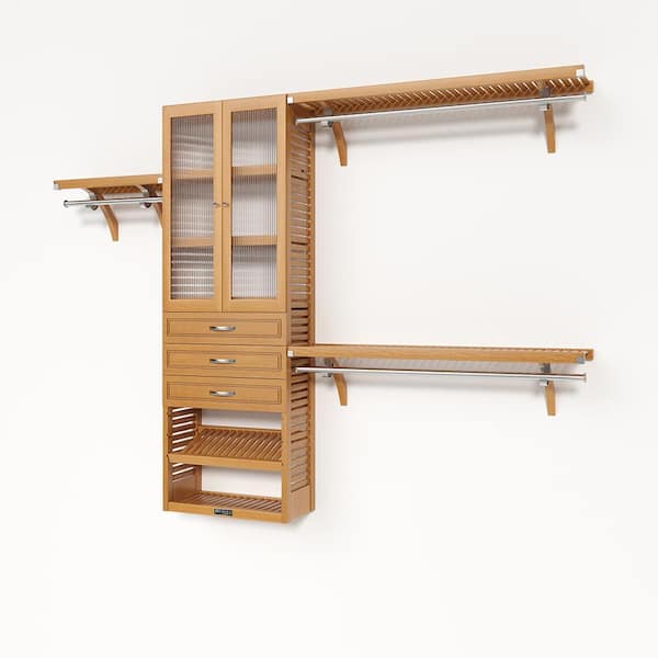 72 in. W - 120 in. W Honey Maple Reach in with 3 Drawers and Glass Door 12 in. Shelf Wood Closet System