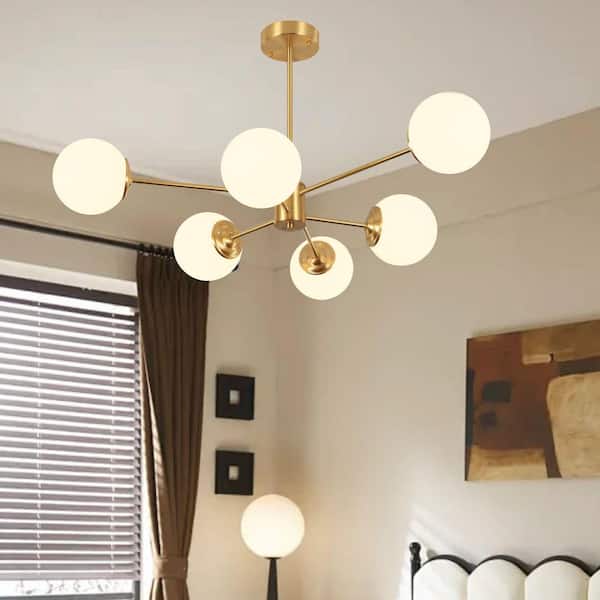 CEDER 6-Light 2-Tierd Brass Branch Modern Sputnik Chandelier with Globle Opal Glass Shades for Living Room
