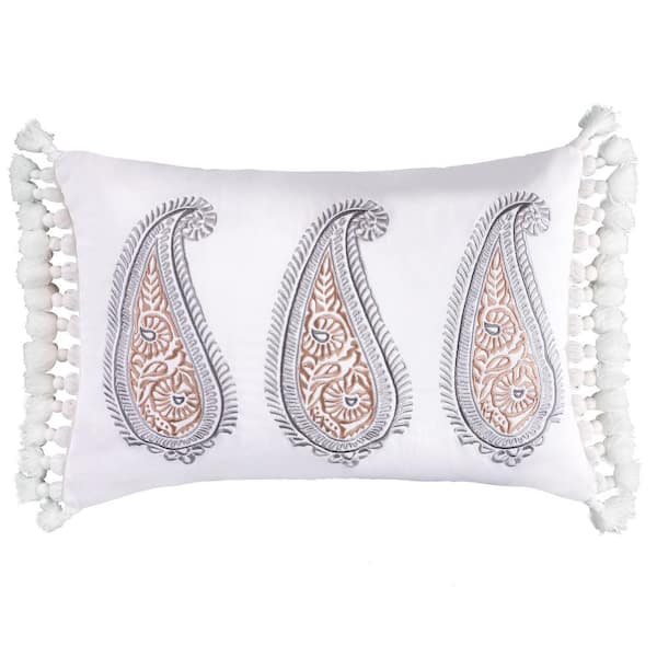 LEVTEX HOME Tamsin Grey, Taupe, Off-White Embroidered Paisley 20 in. x 14 in. Throw Pillow
