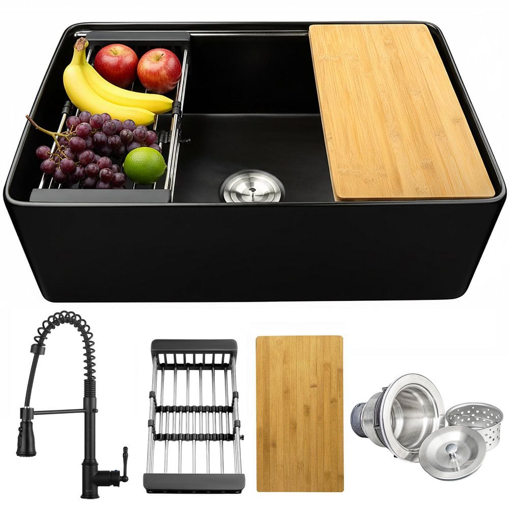Black Fireclay 30 in. Single Bowl Apron-Front Workstation Kitchen Sink with Faucets, Basket Strainer price history on PriceWatchPro