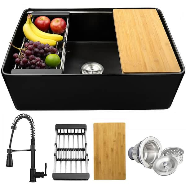 Black Fireclay 30 in. Single Bowl Apron-Front Workstation Kitchen Sink with Faucets, Basket Strainer