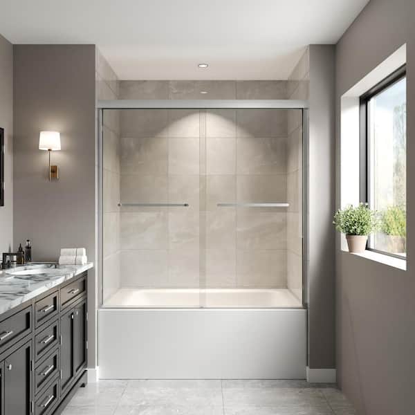 57-60 in. W x 60 in. H Double Sliding Framed Shower Door in Silver with 1/4 in. (6 mm) Clear Glass and Towel Bar