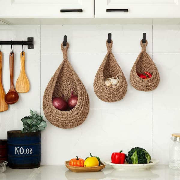 3-Piece Hanging Wall Fruit Basket, Teardrop Hanging Basket, Bohemian Storage, Wall Basket in Linen