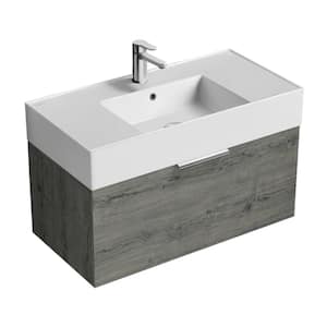 Derin 31.9 in. W x 17.4 in. D x 20.47 in. H Modern Bathroom Vanity in Grey Oak With White Ceramic Top