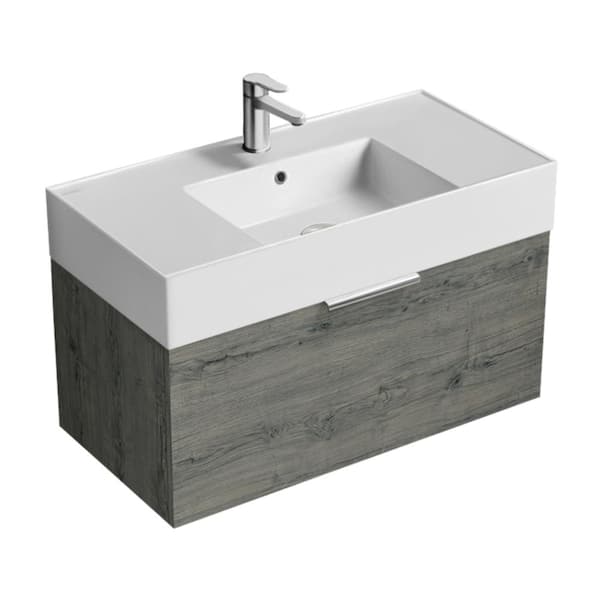 Nameeks Derin 31.9 in. W x 17.4 in. D x 20.47 in. H Modern Bathroom Vanity in Grey Oak With White Ceramic Top