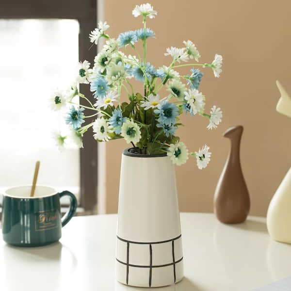 FABULAXE 7 in. H Black and White Ceramic Modern Painted Grid Tapered Flower Table Vase