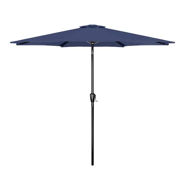 Unbranded 9 ft. Stainless Steel Crank Market Patio Umbrella in Dark Blue with Button Tilt and 8 Sturdy Ribs