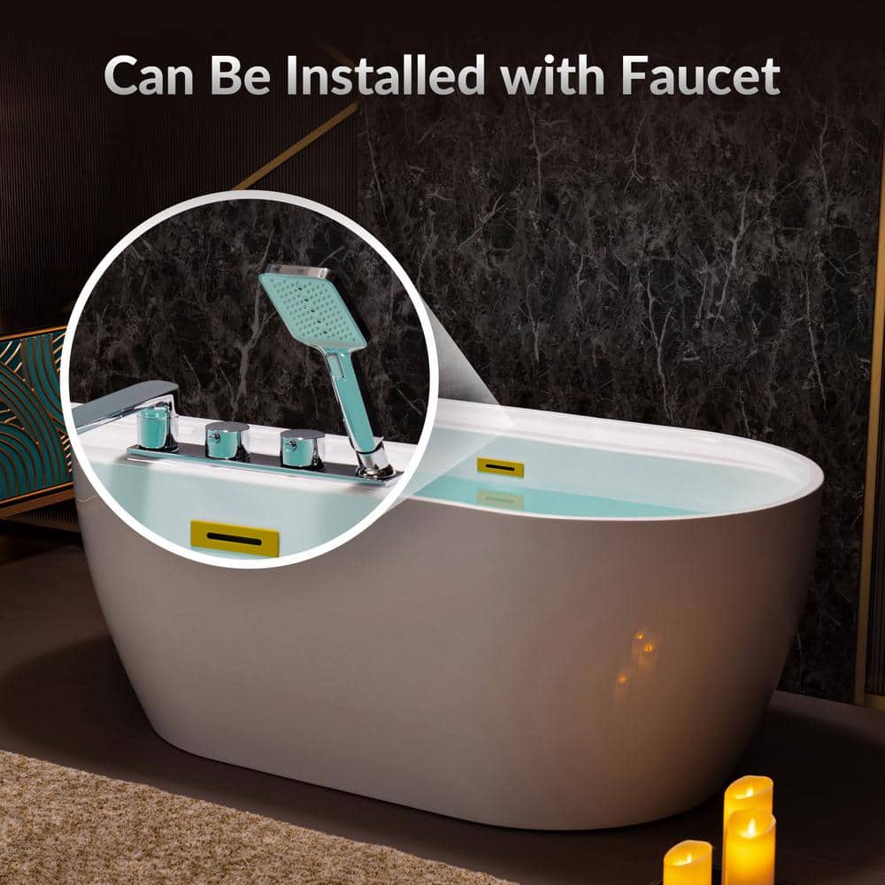 59" White Acrylic Freestanding Soaking Bathtub with Brushed Gold Trim
